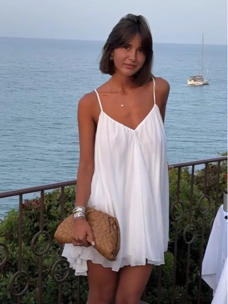 Olive | Pleated V-neck Mini Beach Dress