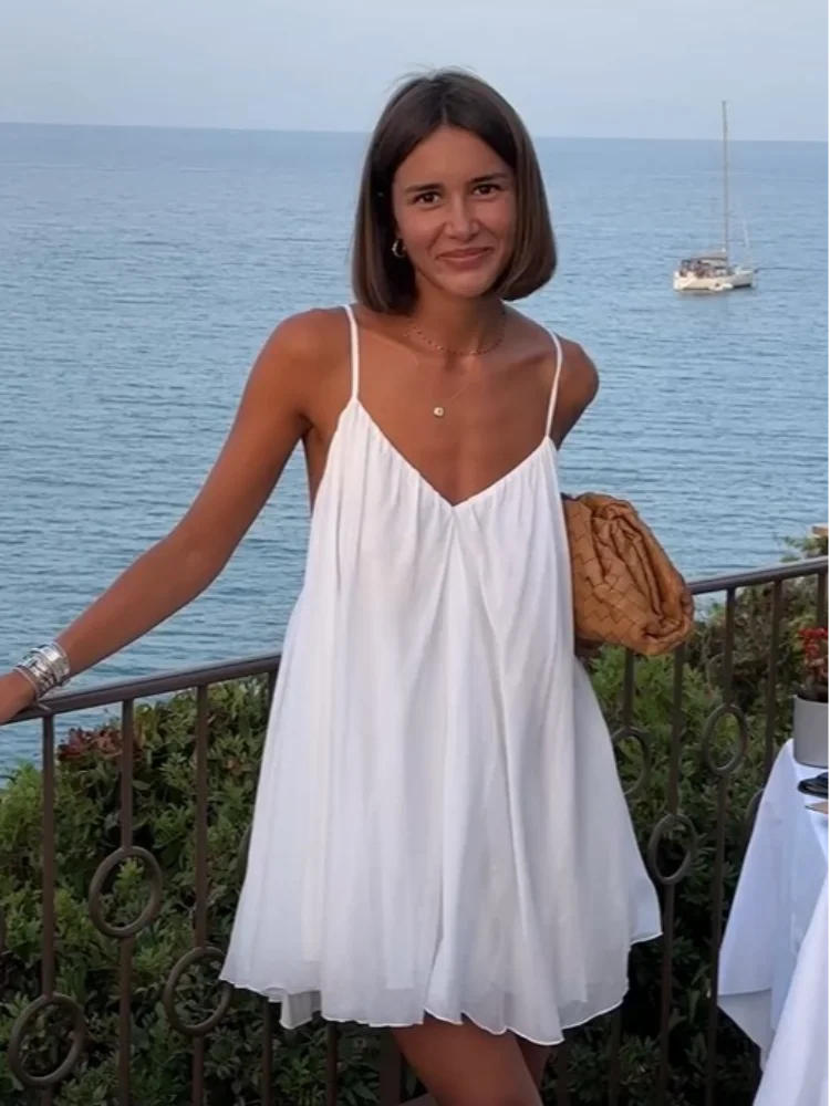 Olive | Pleated V-neck Mini Beach Dress