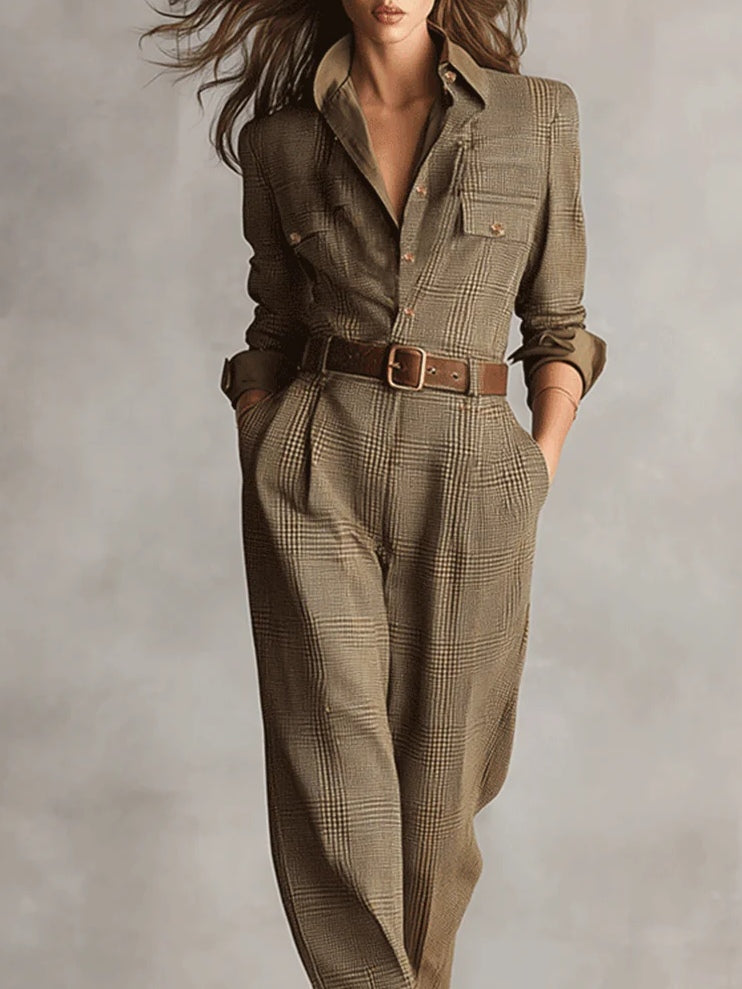 Barbara - Refined tweed texture checked utility jumpsuit