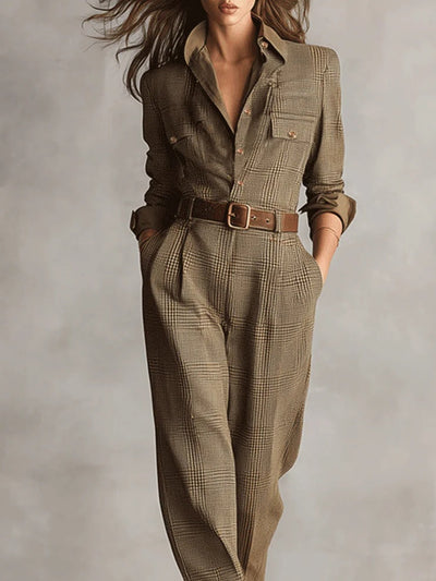 Barbara - Refined tweed texture checked utility jumpsuit