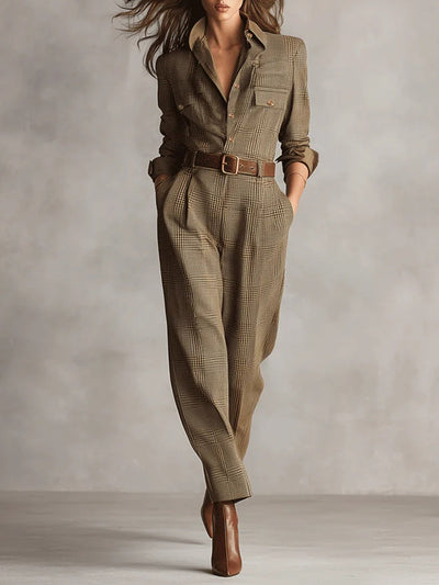 Barbara - Refined tweed texture checked utility jumpsuit